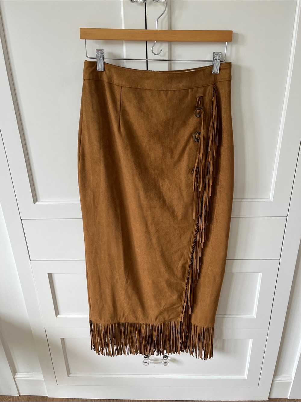 Suede-Effect Fringe Wrap Maxi Skirt in Tan